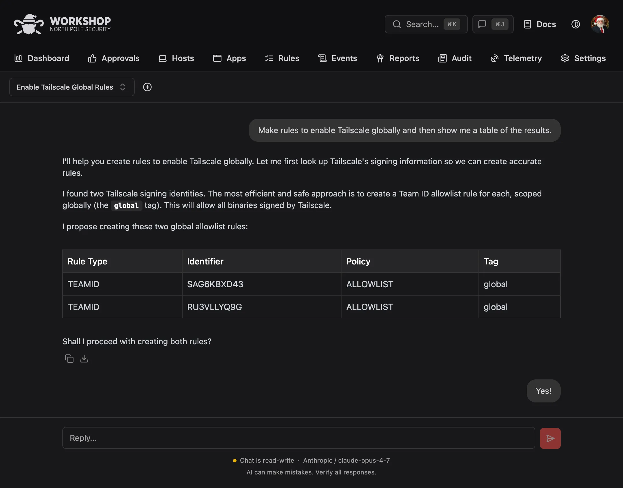 AI Chat creating execution rules