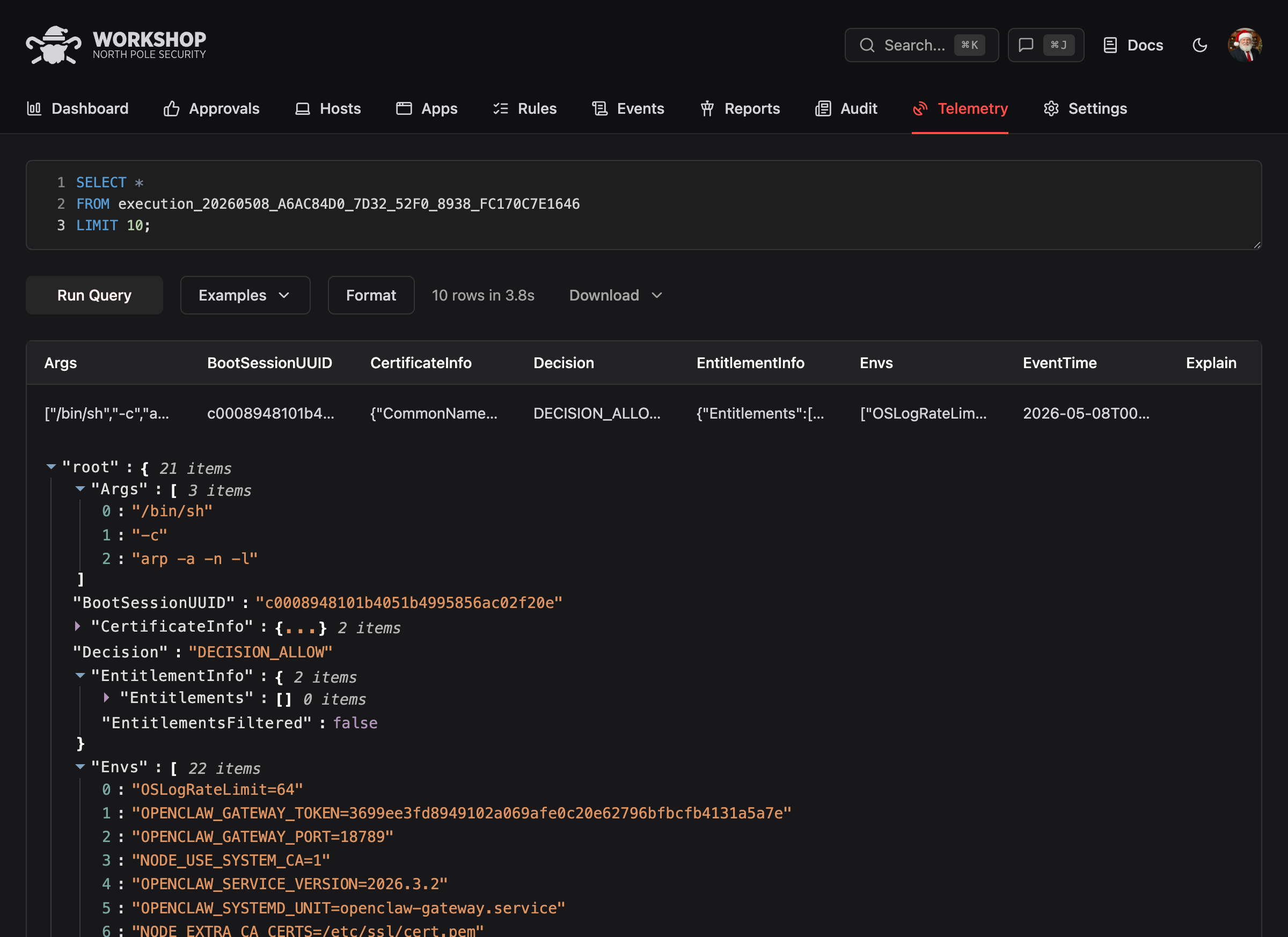 Workshop telemetry query console