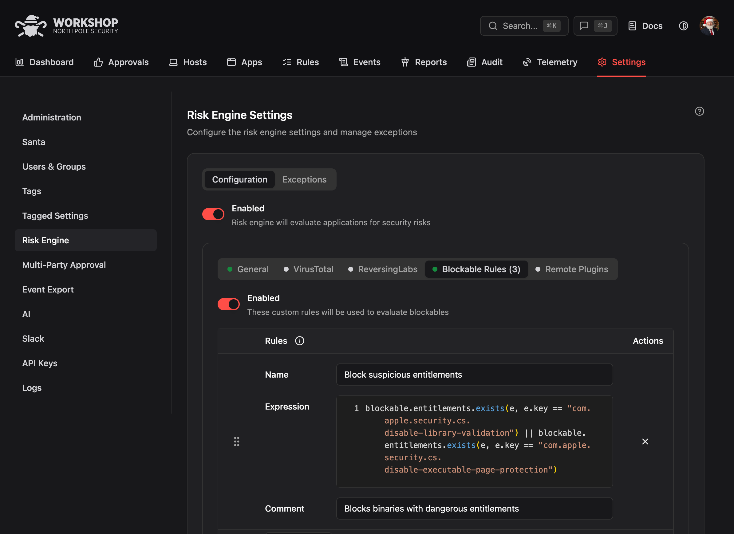 Risk engine plugin results in Workshop