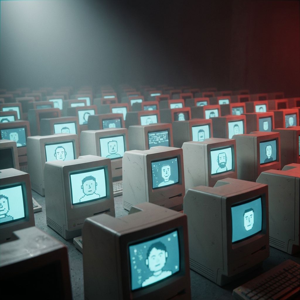 Rows of vintage Macintosh classic computers in a large room