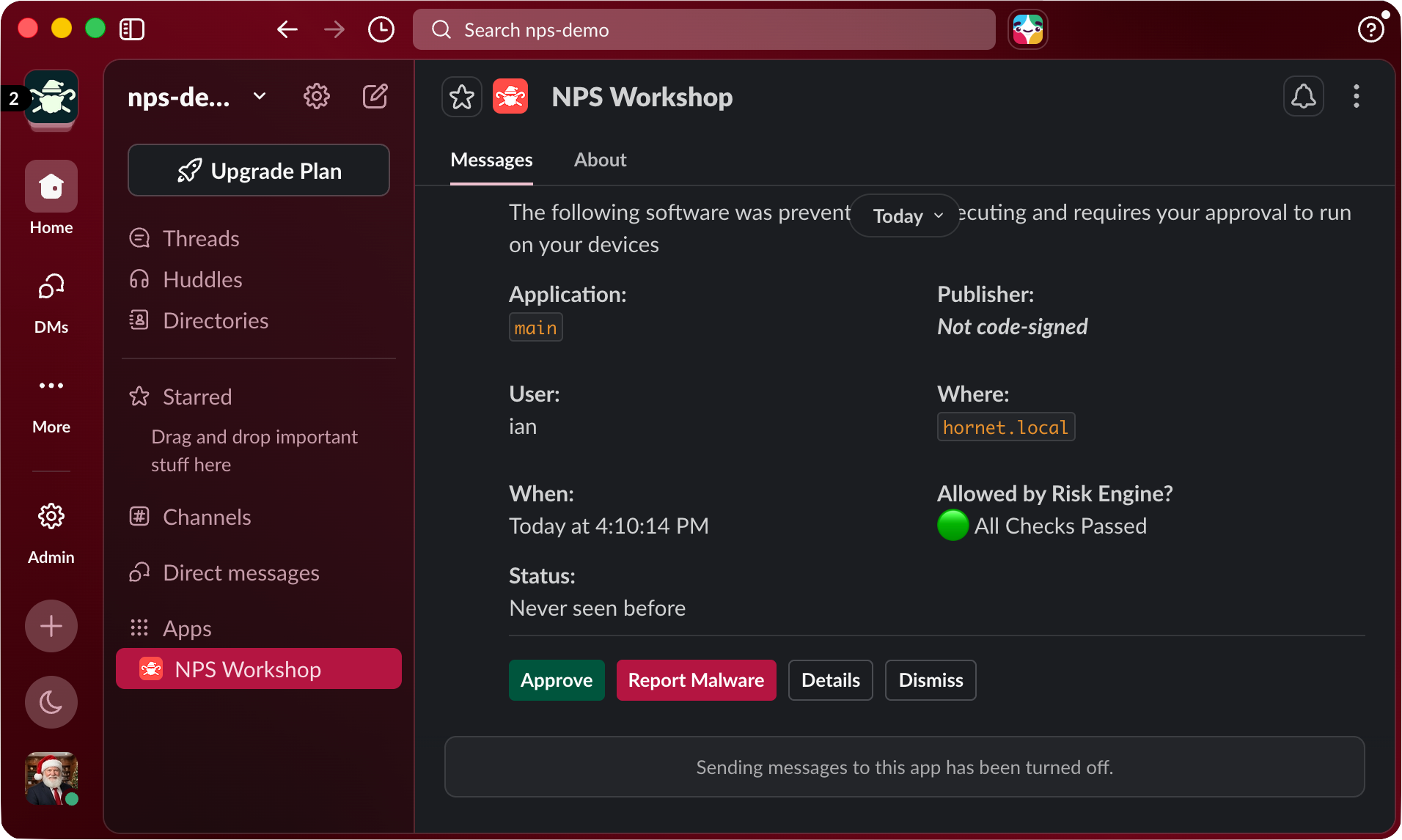 Workshop's Slack bot showing an interactive approval request