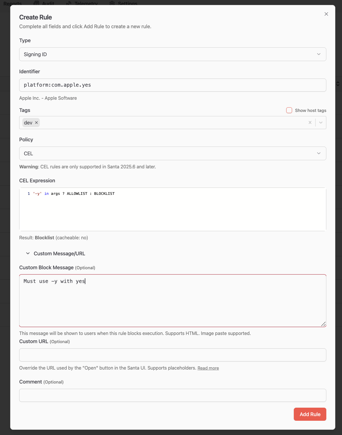 The Workshop Create Rule dialog with the CEL policy selected