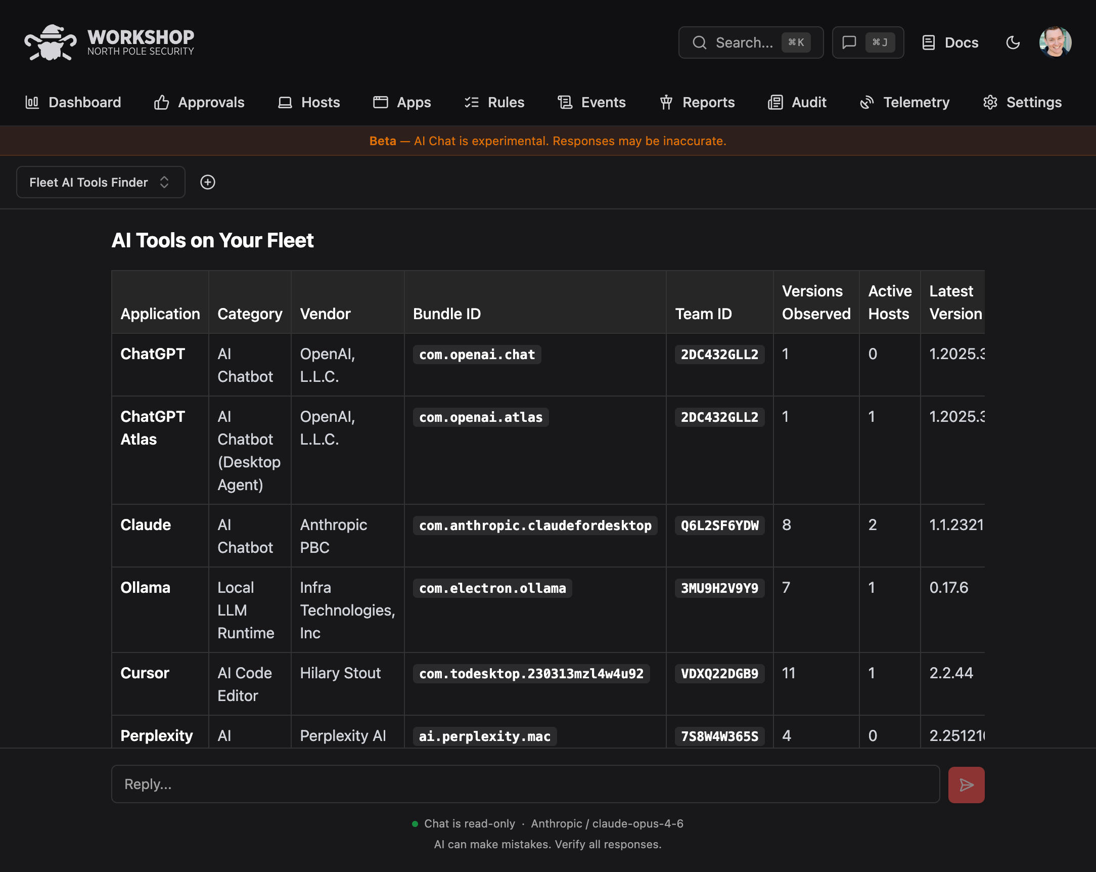 AI Chat finding all AI tools across the fleet