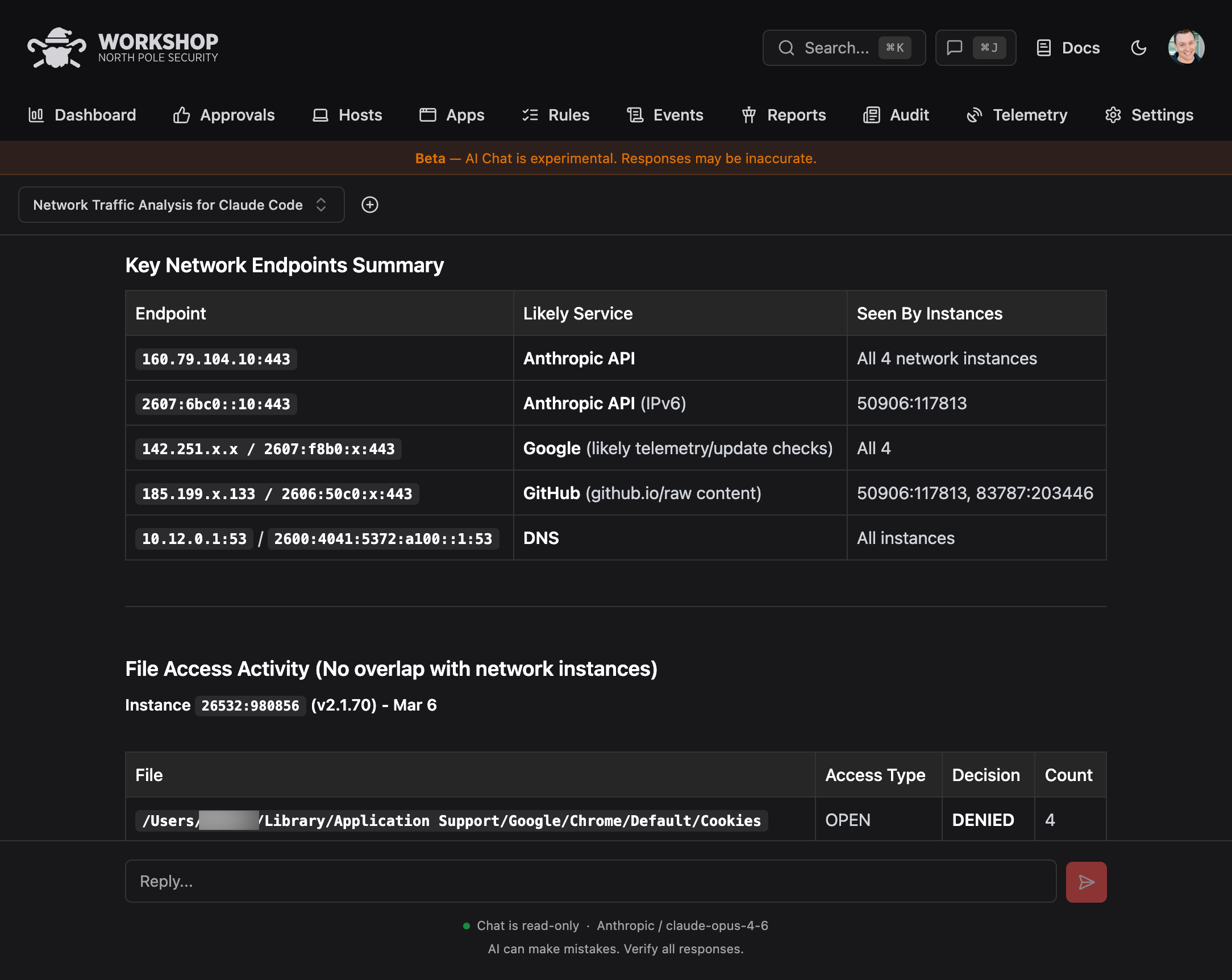 AI Chat analyzing network traffic for Claude Code