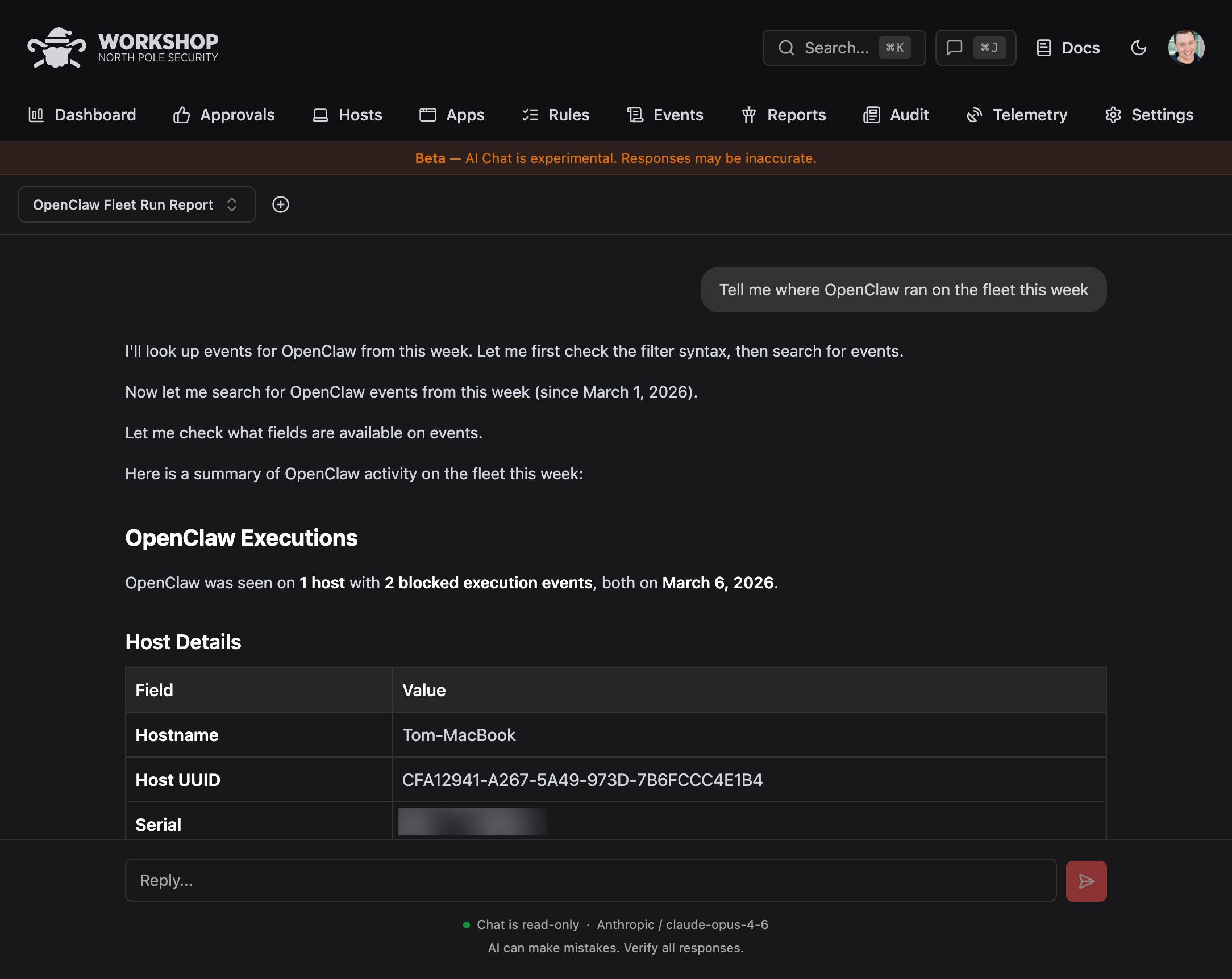 AI Chat showing an OpenClaw fleet run report