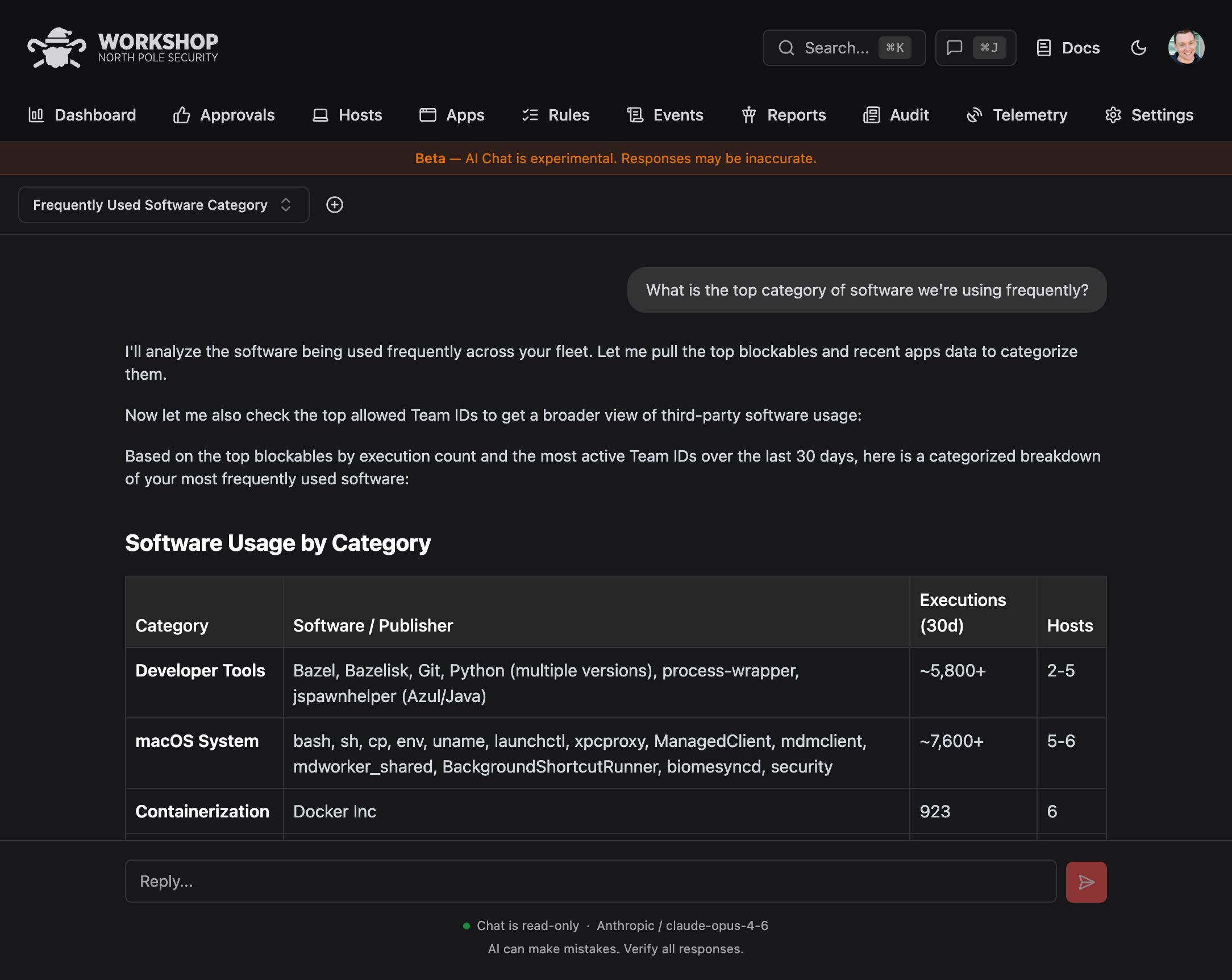 AI Chat breaking down software usage by category across the fleet