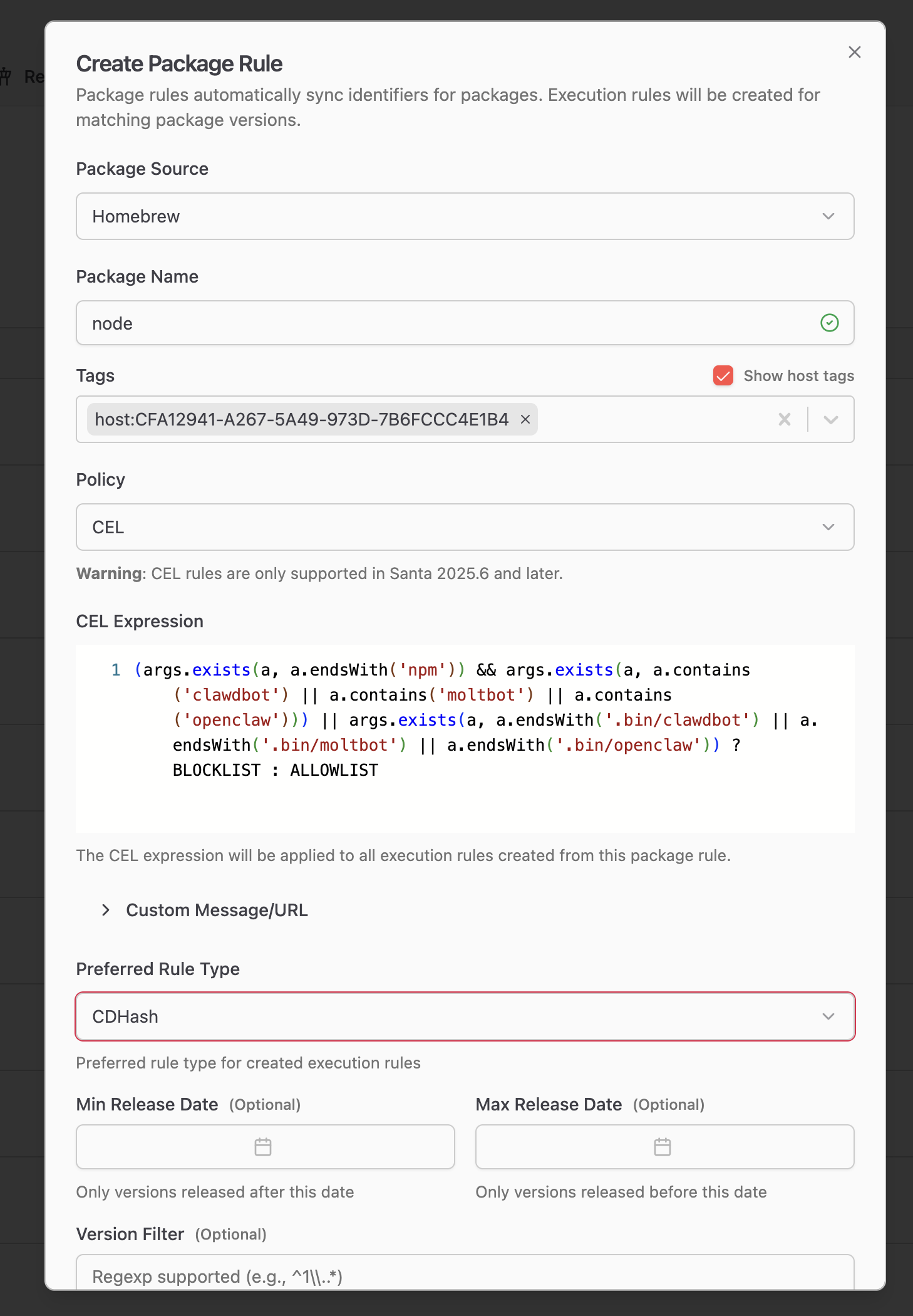 Create Package Rule dialog in Workshop showing a CEL expression to block OpenClaw via Node