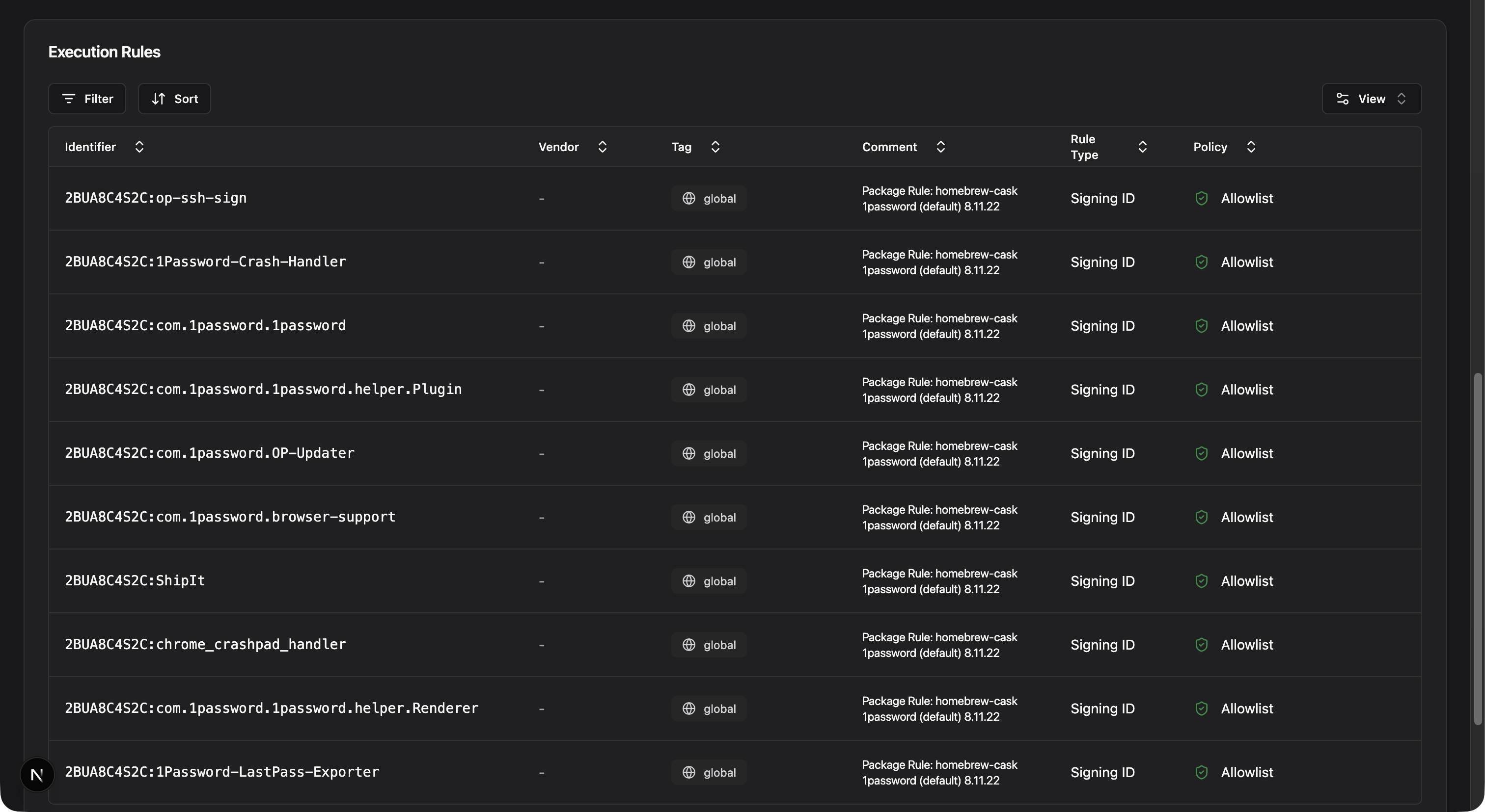 Package Rule details page showing the list of generated execution rules