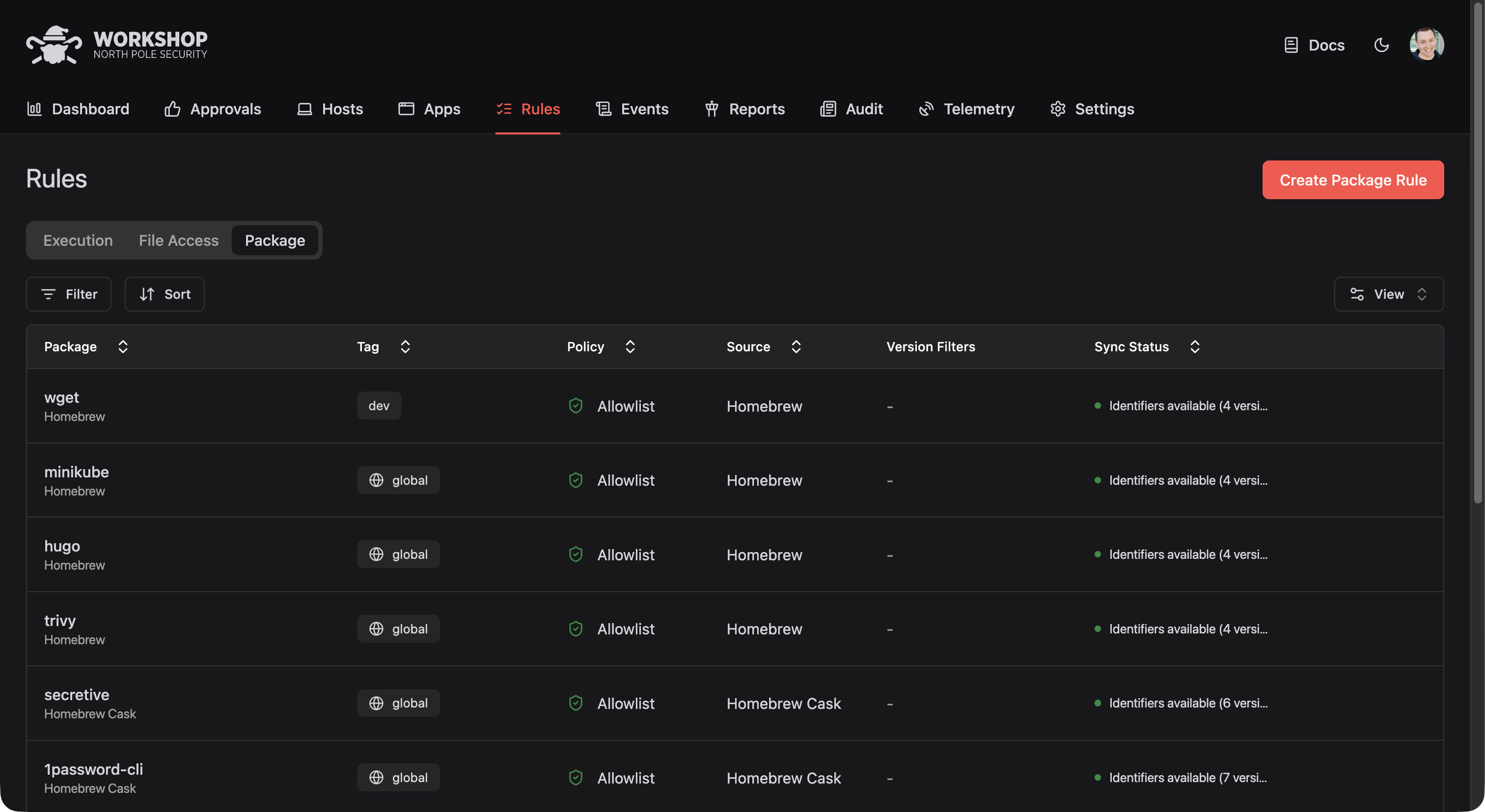 Package Rules list view showing several configured rules with sync status indicators