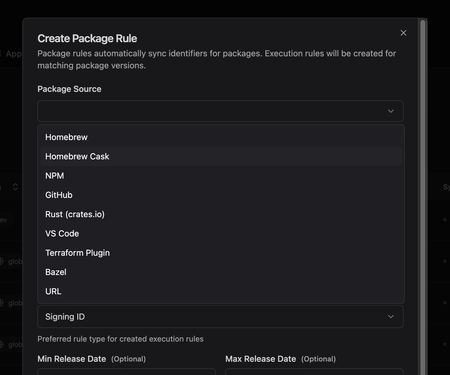 Package source dropdown showing all nine options