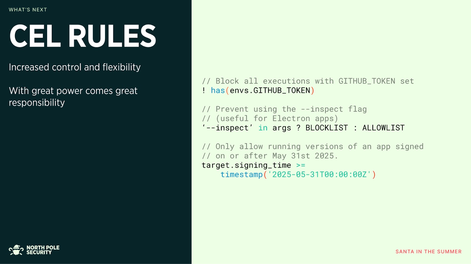 Slide from presentation at MacDevOpsYVR showing examples of CEL rules