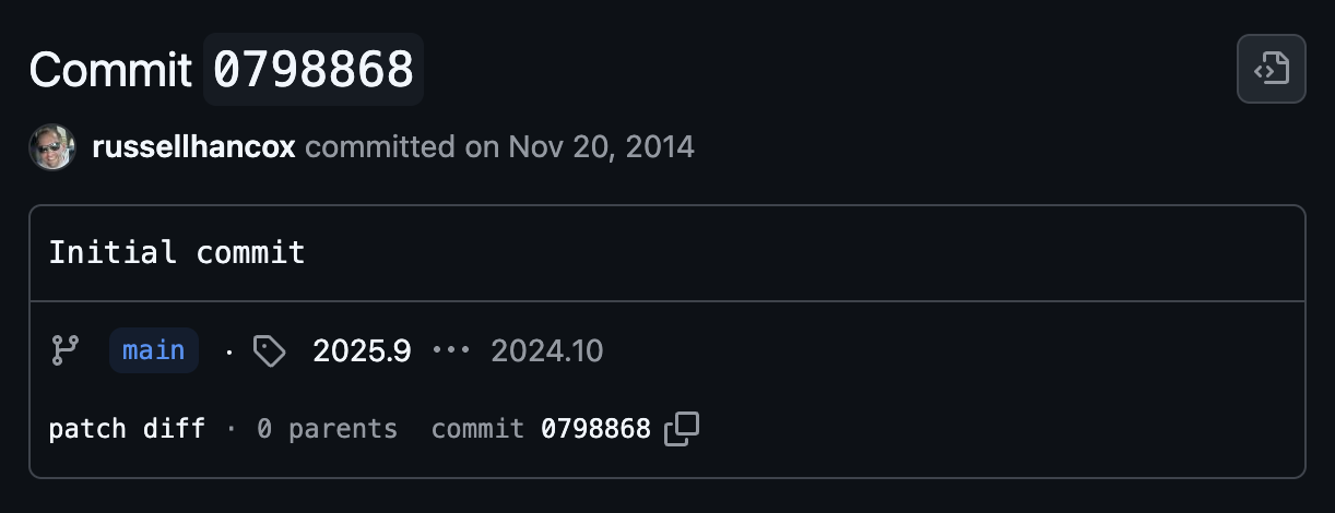 Screenshot of the first commit to the Santa repository dated 2014