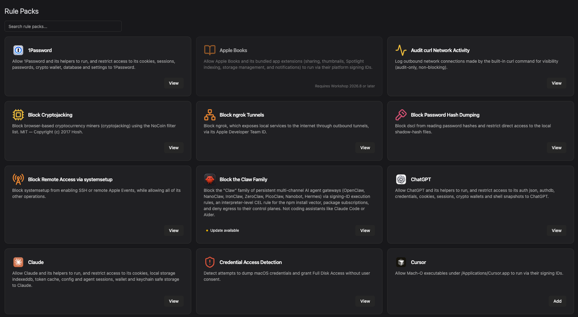 The Rule Packs library in Workshop, showing packs for 1Password, Claude, ChatGPT and Cursor alongside detection packs for cryptojacking, ngrok tunnels, password hash dumping and credential access