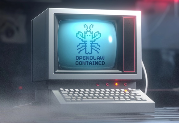 Vintage CRT monitor displaying a pixel-art crab labeled 'OpenClaw Contained' — a metaphor for malware blocked by Workshop