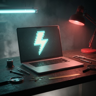 MacBook on a dark workbench displaying a pixel-art lightning bolt, surrounded by precision tools, representing purpose-built protection for modern enterprise Macs
