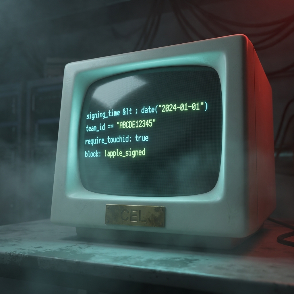 Retro CRT terminal displaying CEL policy expressions