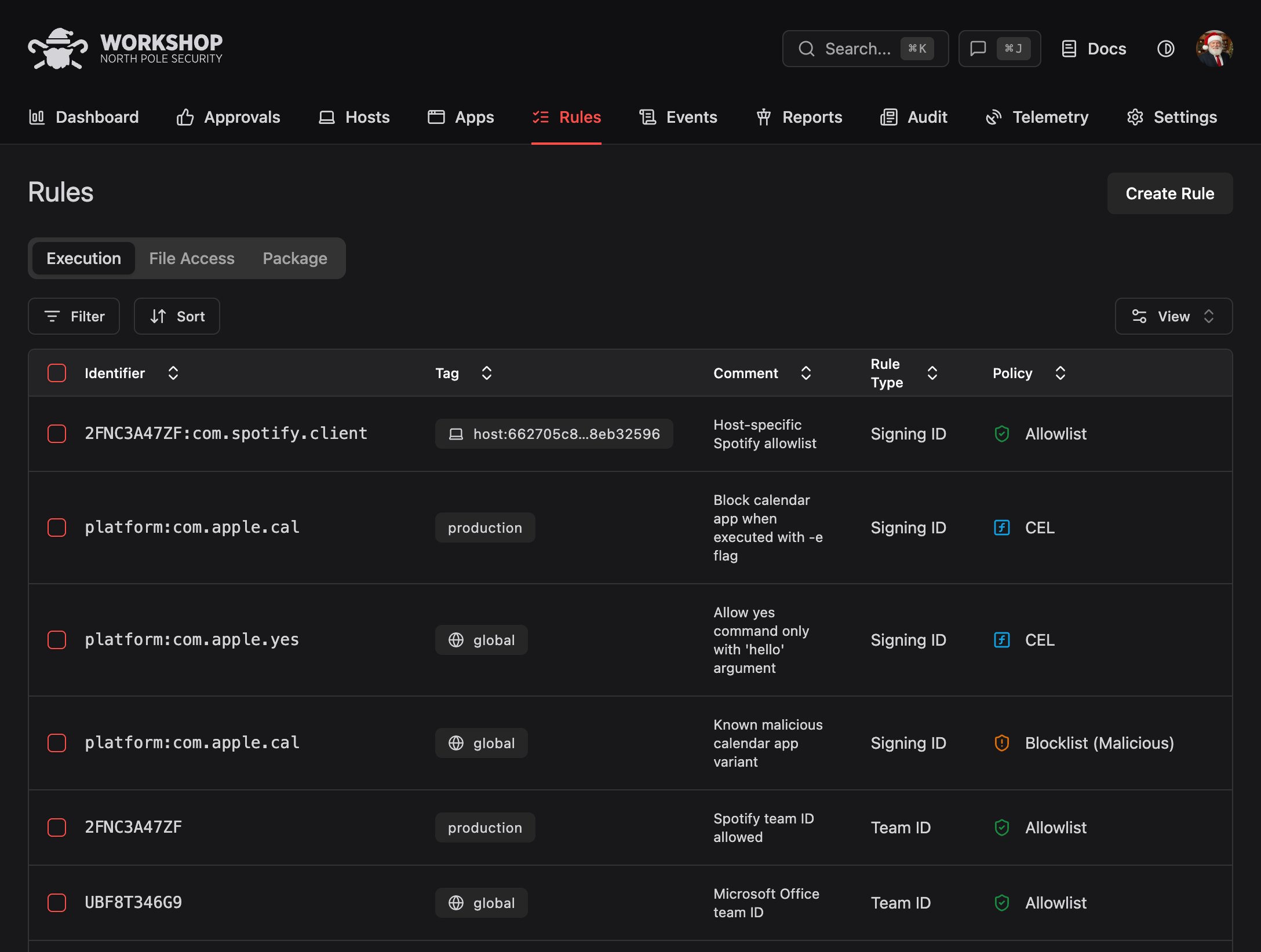 Workshop execution rules dashboard